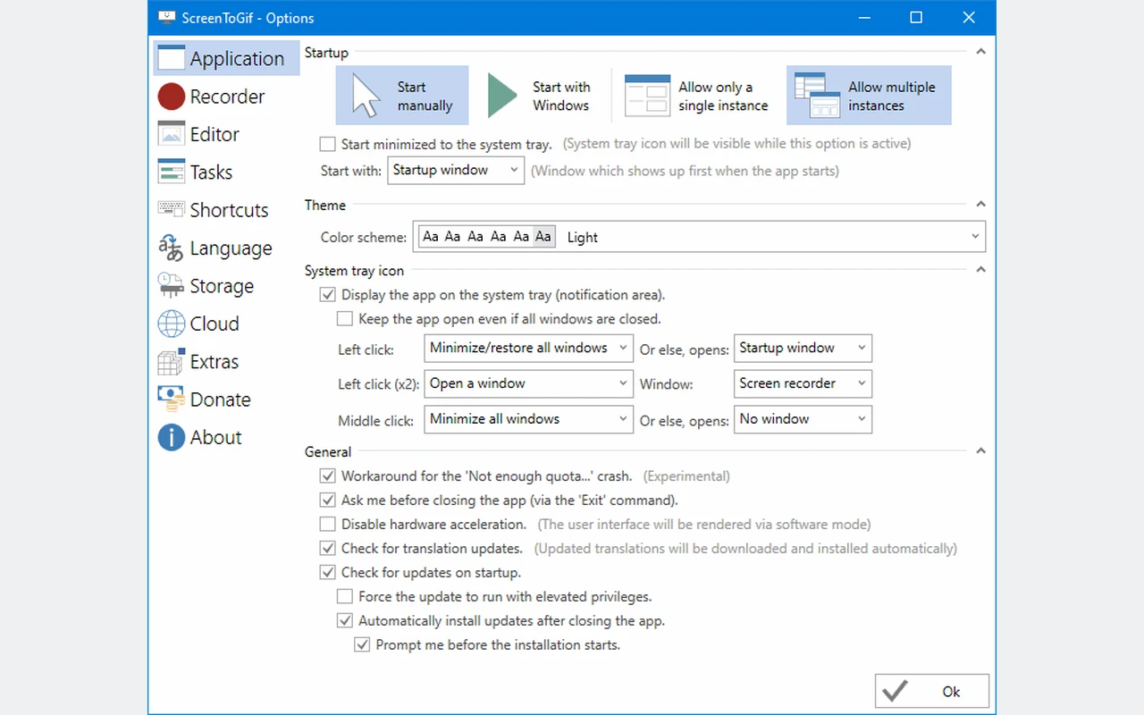 ScreenToGif application startup settings in the options window